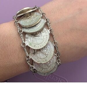 Vintage Mexican Coin Charm Bracelet Cinco‎ Centavos 1964 1965 1966 Silver Tone